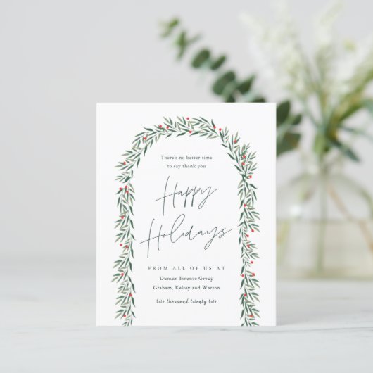 Budget Greenery Arch Script Business Holiday Card (Stehend Vorderseite)