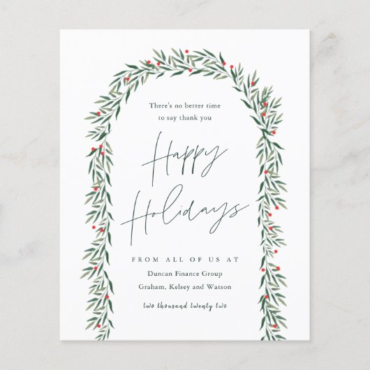 Budget Greenery Arch Script Business Holiday Card (Vorderseite)