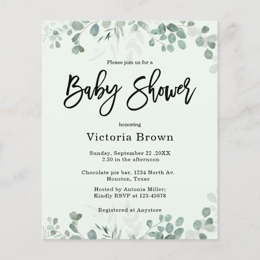 Budget Greenery Baby Dusche Einladung (Vorderseite)