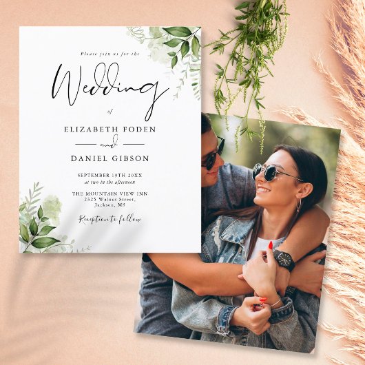 Budget Greenery Blätter Foto Hochzeit Einladung