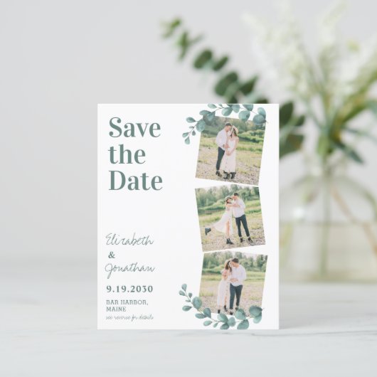 Budget Greenery Blätter QR Code Foto Save the Date (Stehend Vorderseite)