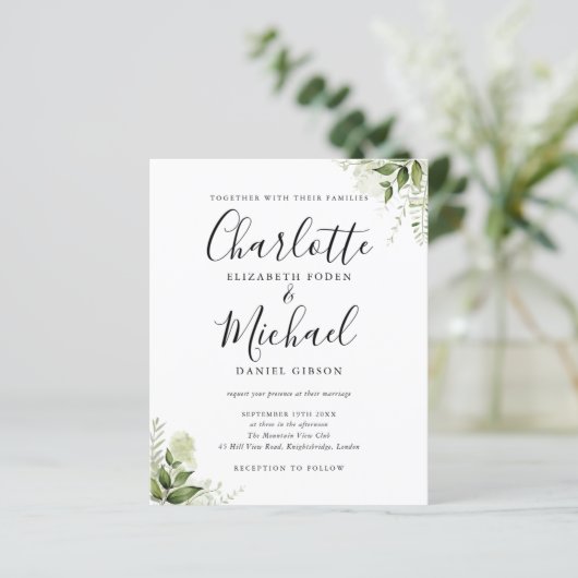 Budget Greenery Blätter Script Foto Wedding Einlad (Stehend Vorderseite)