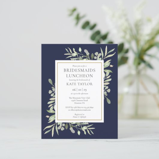 Budget Greenery Blue Bridesmaids Luncheon Einladun (Stehend Vorderseite)