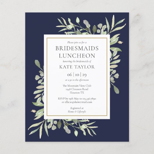 Budget Greenery Blue Bridesmaids Luncheon Einladun (Vorderseite)
