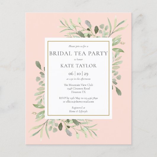 Budget Greenery Blush Pink Bridal Tea Party Einlad (Vorderseite)