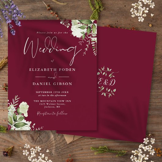 Budget Greenery Burgundy Wedding Einladung