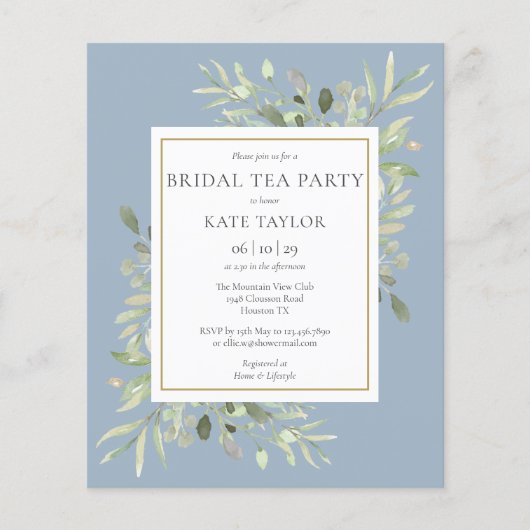 Budget Greenery Dusty Blue Bridal Tea Party Einlad (Vorderseite)