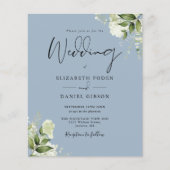 Budget Greenery Dusty Blue Wedding Einladung (Vorderseite)