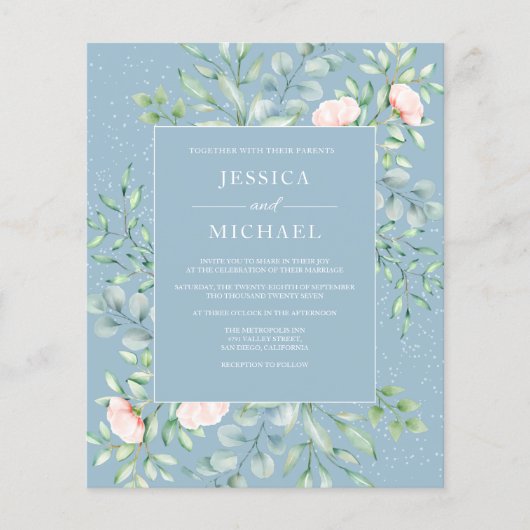Budget Greenery Dusty Blue Wedding Einladung (Vorderseite)