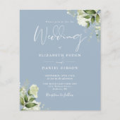 Budget Greenery Dusty Blue Wedding Einladung (Vorderseite)