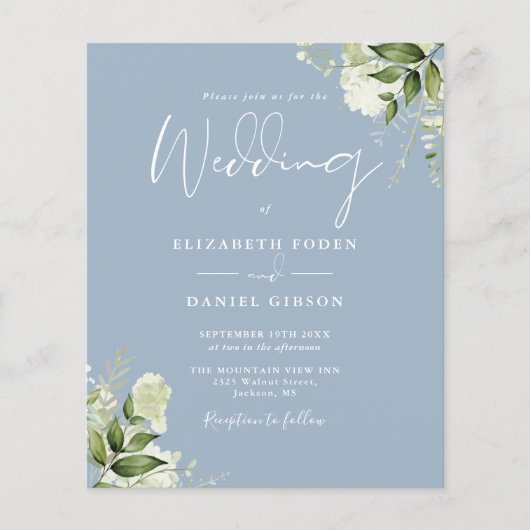 Budget Greenery Dusty Blue Wedding Einladung (Vorderseite)