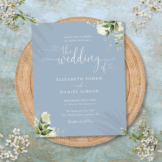 Budget Greenery Dusty Blue Wedding Einladung