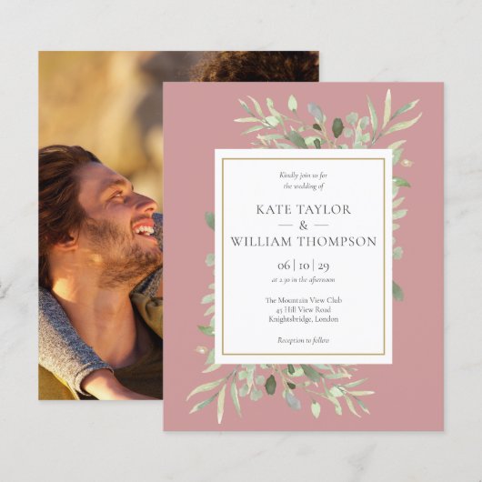 Budget Greenery Dusty Rose Wedding Foto Einladung (Vorne/Hinten)
