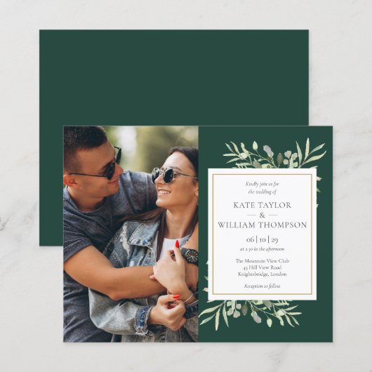 Budget Greenery Emerald Foto Wedding Einladung (Vorne/Hinten)