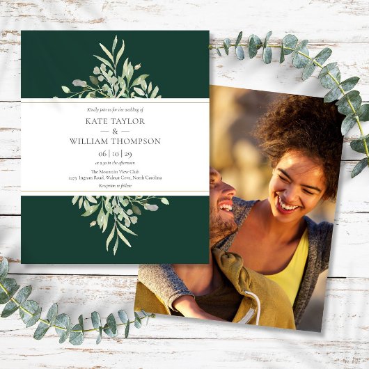 Budget Greenery Emerald Wedding Foto Einladung