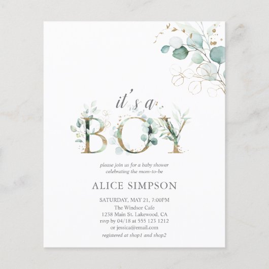 Budget Greenery Eucalyptus Boy Baby Shower (Vorderseite)