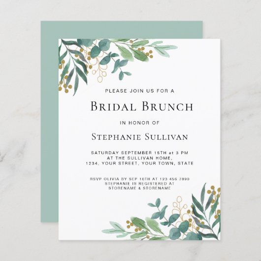 Budget Greenery Eucalyptus Bridal Brunch Einladung (Vorne/Hinten)