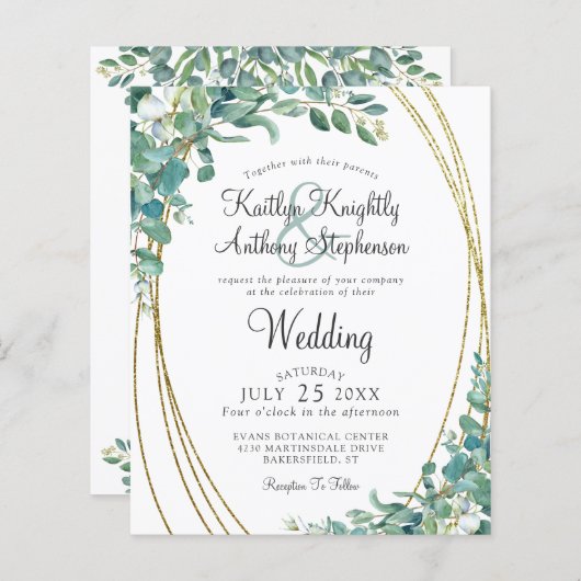 Budget Greenery Eucalyptus Gold Hochzeit Einladung (Vorne/Hinten)