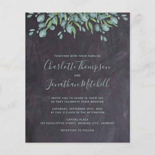 Budget Greenery Eucalyptus Wedding Einladung (Vorderseite)
