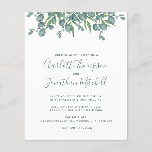 Budget Greenery Eucalyptus Wedding Einladung (Vorderseite)