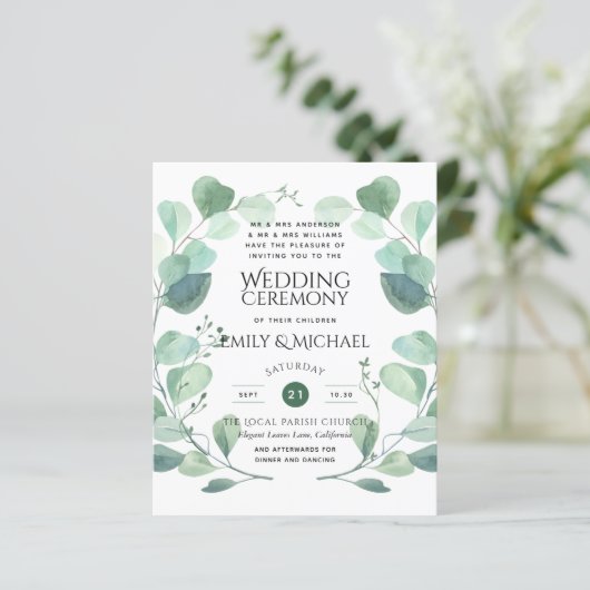 Budget Greenery Eucalyptus Wedding Einladung (Stehend Vorderseite)