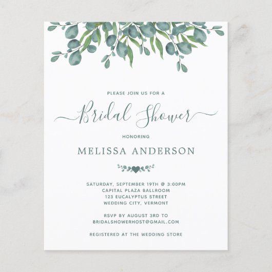 Budget Greenery Eukalyptus Brautparty Einladung (Vorderseite)