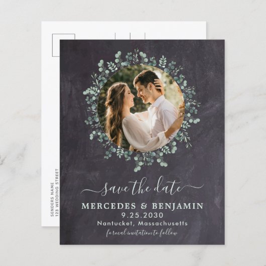 Budget Greenery Eukalyptus Foto Save the Date Pos (Vorne/Hinten)