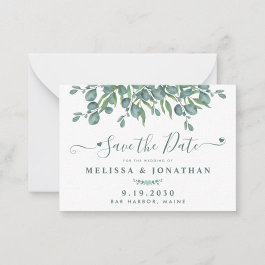Budget Greenery Eukalyptus Wedding Save the Date Mitteilungskarte (Vorderseite)