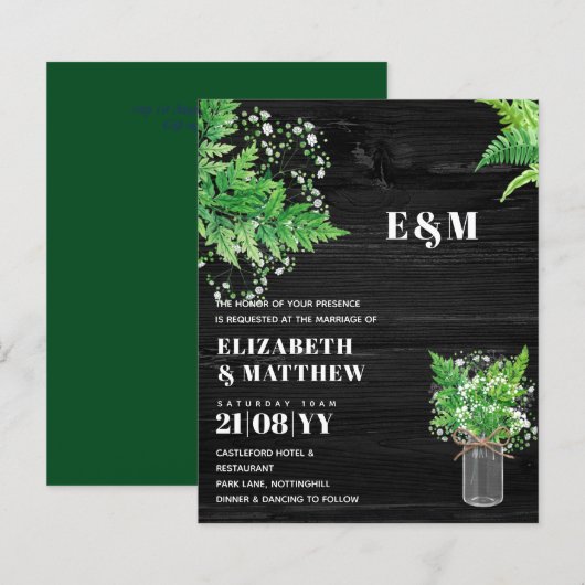 BUDGET Greenery Ferns monochrome Hochzeit Einladun (Vorne/Hinten)