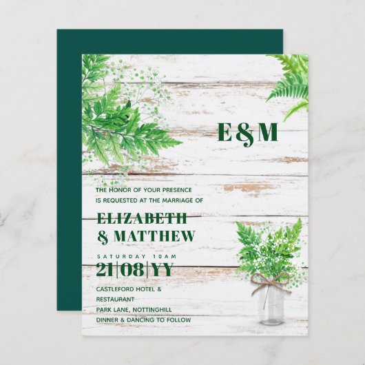 BUDGET Greenery Ferns monochrome Hochzeit Einladun (Vorne/Hinten)