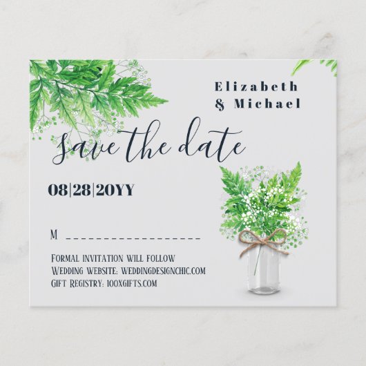 BUDGET Greenery Ferns Wedding Save the Dates (Vorderseite)