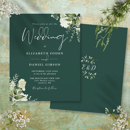 Budget Greenery Floral Emerald Wedding Einladung