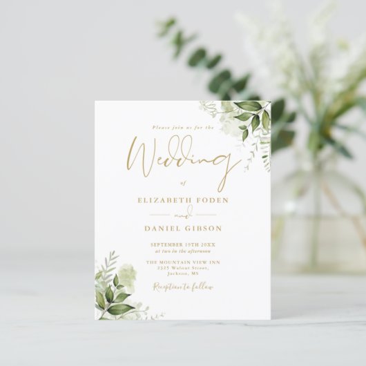 Budget Greenery Floral Gold Hochzeit Einladung (Stehend Vorderseite)