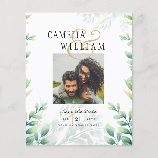 BUDGET Greenery FOTO Wedding Save the Date QRcode Flyer (Vorne)