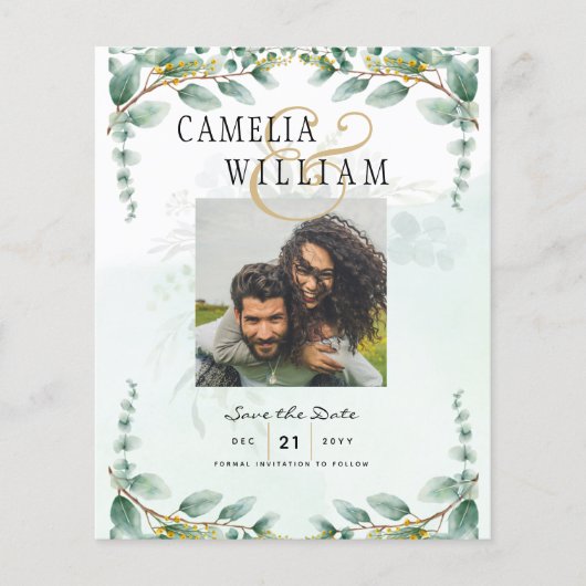 BUDGET Greenery FOTO Wedding Save the Date QRcode Flyer (Vorne)