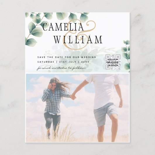 BUDGET Greenery FOTO Wedding Save the Date QRcode Flyer (Vorne)