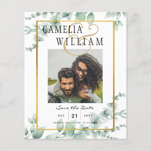 BUDGET Greenery FOTO Wedding Save the Date QRcode Flyer (Vorne)