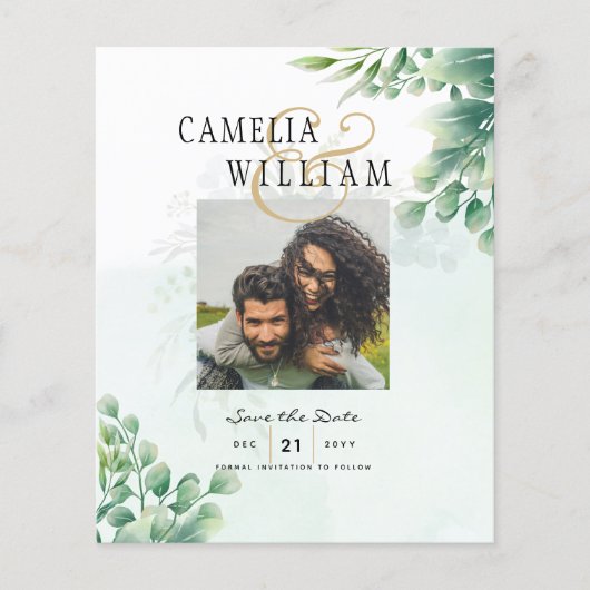 BUDGET Greenery FOTO Wedding Save the Date QRcode Flyer (Vorne)
