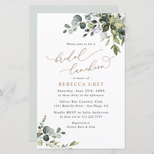 Budget Greenery Gold Bridal Luncheon Einladung (Vorne/Hinten)