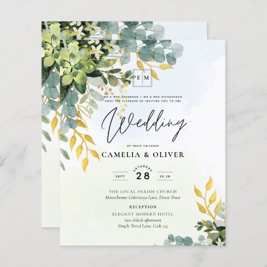 BUDGET Greenery Gold Eukalyptus Blätter Hochzeit (Vorne/Hinten)