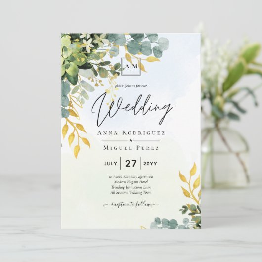 BUDGET Greenery Gold Eukalyptus Blätter Hochzeit Einladung (Stehend Vorderseite)