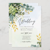 BUDGET Greenery Gold Eukalyptus Blätter Hochzeit Einladung (Vorne/Hinten)