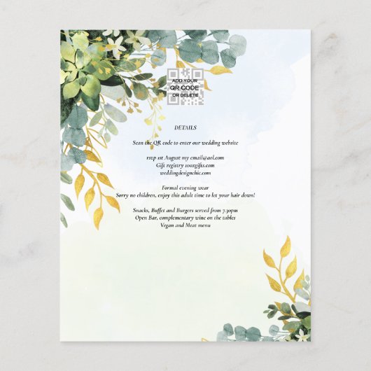 BUDGET Greenery Gold Eukalyptus Blätter Hochzeit Flyer (Hinten)