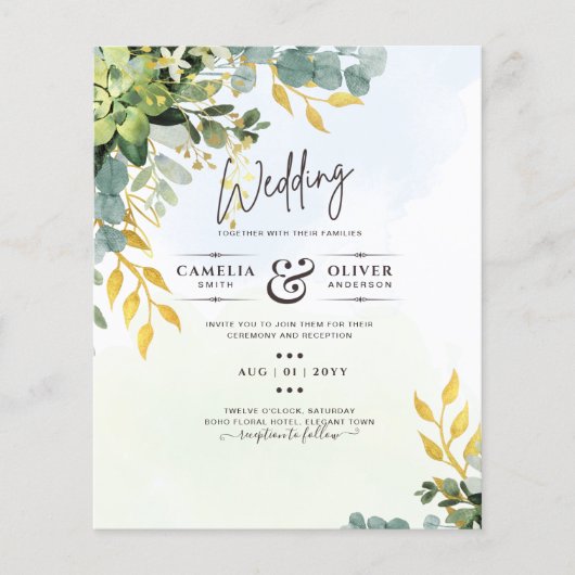 BUDGET Greenery Gold Eukalyptus Blätter Hochzeit Flyer (Vorne)