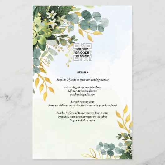 BUDGET Greenery Gold Eukalyptus Blätter Hochzeit Flyer (Hinten)