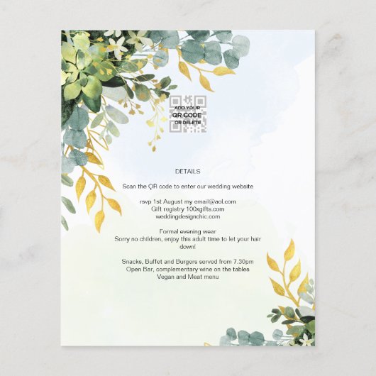 BUDGET Greenery Gold Eukalyptus Blätter Hochzeit Flyer (Hinten)
