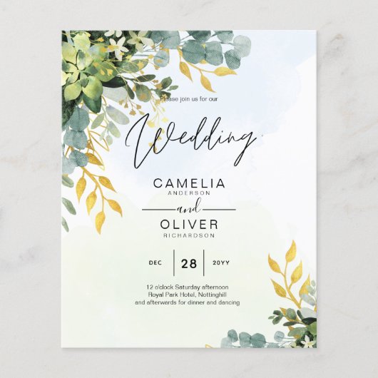 BUDGET Greenery Gold Eukalyptus Blätter Hochzeit Flyer (Vorne)