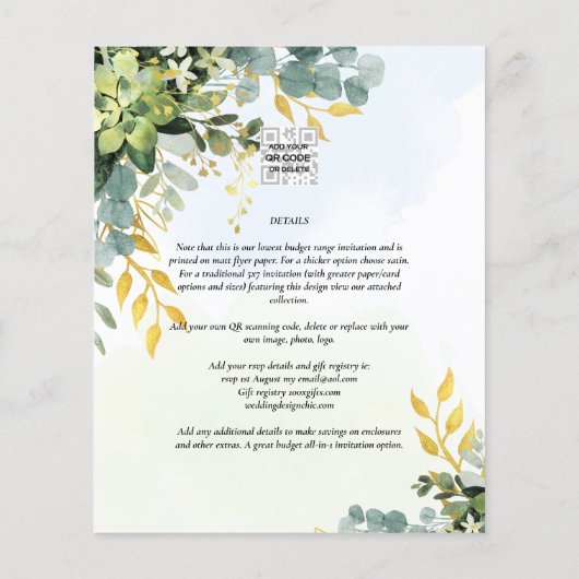 BUDGET Greenery Gold Eukalyptus Blätter Hochzeit Flyer (Hinten)