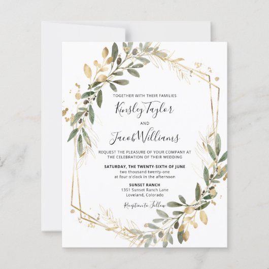 Budget Greenery & Gold Geometric Wedding Einladung (Vorderseite)
