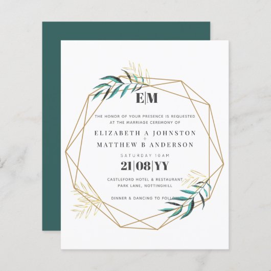 Budget Greenery Gold Geometric Wedding Einladungen (Vorne/Hinten)